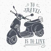 Etiqueta vintage de moto scooter, boceto dibujado a mano, insignia retro con textura grunge, estampado de camiseta de diseño de tipografía, ilustración vectorial vector