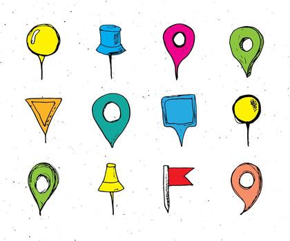 Map pointers hand drawn sketch set, navigation pins doodle vector illustration isolated on white background