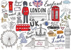 London city doodles elements collection. Hand drawn set with, tower bridge, crown, big ben, royal guard, red bus and black cab, UK map and flag, tea pot, lettering, vector illustration isolated