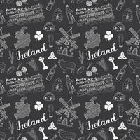 Ireland Sketch Doodles Seamless Pattern. Irish Elements with flag and map of Ireland, Celtic Cross, Castle, Shamrock, Celtic Harp, Mill and Sheep, Whiskey Bottles and Irish Beer, Vector Illustration