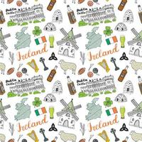 Ireland Sketch Doodles Seamless Pattern. Irish Elements with flag and map of Ireland, Celtic Cross, Castle, Shamrock, Celtic Harp, Mill and Sheep, Whiskey Bottles and Irish Beer, Vector Illustration