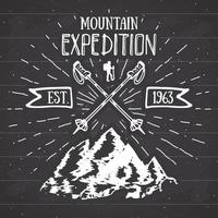 Mountain expedition vintage label retro badge. Hand drawn textured emblem outdoor hiking adventure and mountains exploring, Extreme sports, grunge hipster design, typography print vector illustration