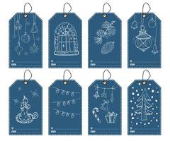 Conjunto de etiquetas de regalo de invierno y año nuevo. Plantilla de tarjetas de felicitación de boceto dibujado a mano con elementos festivos de garabatos. ilustración vectorial. vector