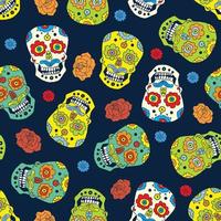 Day of the Dead seamless pattern, handdrawn sugar skulls and roses background, vector illustration