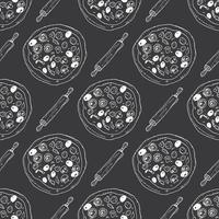 Pizza seamless pattern hand drawn sketch. Pizza doodles and rolling pin, Food background. Vector illustration