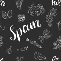 Spain seamless pattern doodle elements, Hand drawn sketch spanish food shrimps, olives, grape, flag and lettering. vector illustration background.