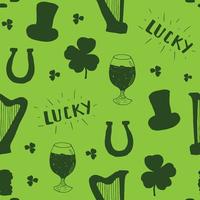 St Patrick's Day hand drawn seamless pattern, with leprechaun hat, coins, beer cup, four leaf clover, horseshoe and celtic harp vector illustration