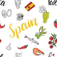 Spain seamless pattern doodle elements, Hand drawn sketch spanish food shrimps, olives, grape, flag and lettering. vector illustration background.