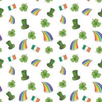 St Patrick's Day hand drawn doodle Seamless pattern, with leprechaun hat, rainbow, four leaf clover, flag of Ireland vector illustration background.