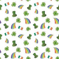 Día de San Patricio dibujado a mano doodle de patrones sin fisuras, con sombrero de duende, arco iris, trébol de cuatro hojas, bandera de Irlanda ilustración vectorial de fondo. vector