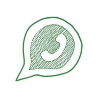 Green phone handset in speech bubble hand drawn icon, vector illustration isolated on white background.