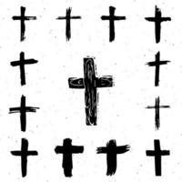 Conjunto de símbolos cruzados dibujados a mano de grunge. cruces cristianas, iconos de signos religiosos, ilustración de vector de símbolo de crucifijo isplated sobre fondo blanco.