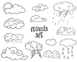 Hand drawn Doodle set of different Clouds, sketch Collection  vector illustration isolated on white