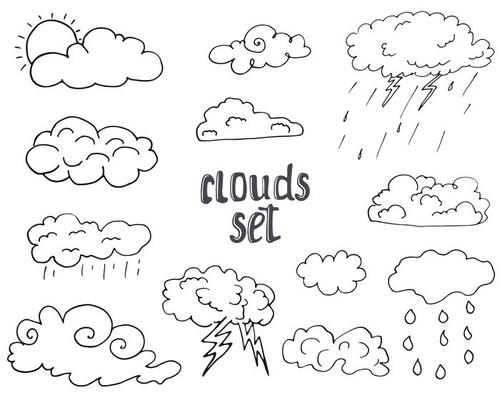 Hand drawn Doodle set of different Clouds, sketch Collection  vector illustration isolated on white