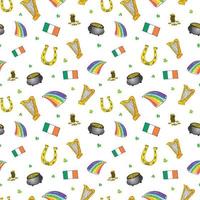 Día de San Patricio dibujado a mano doodle de patrones sin fisuras, con duende, olla de monedas de oro, arco iris, cerveza, trébol de cuatro hojas, herradura, arpa celta y bandera de irlanda ilustración vectorial vector