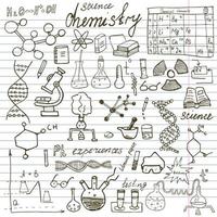 Chemistry and sciense elements doodles icons set. Hand drawn sketch with microscope, formulas, experiments equpment, analysis tools, vector illustrationon paper notebook background