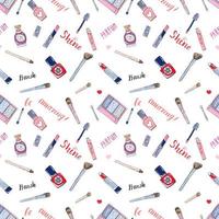 Hand drawn collection of make up, cosmetics and beauty items seamless pattern, with lipstick brush parfume and lettering vector illustration isolated