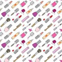 Hand drawn make up, cosmetics and beauty items seamless pattern with hairbrushes, lipstick and nails polish illustration isolated. Drawing doodle vector background, isolated on white