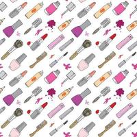 Hand drawn make up, cosmetics and beauty items seamless pattern with hairbrushes, lipstick and nails polish illustration isolated. Drawing doodle vector background, isolated on white