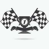 Flag icon. Checkered or racing flags first place prize cup and finish ribbon. Sport auto, speed and success, competition and winner, race rally, vector illustration