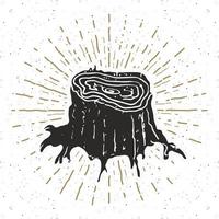 etiqueta vintage de tocón de árbol, boceto dibujado a mano, insignia retro con textura grunge, impresión de camiseta de diseño de tipografía, ilustración vectorial vector