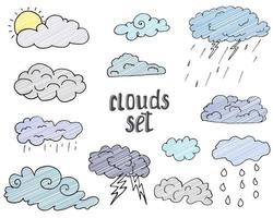 Hand drawn Doodle set of different Clouds, sketch Collection  vector illustration isolated on white