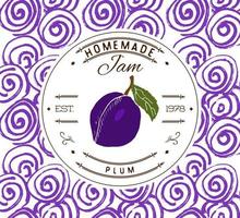 Jam label design template. for plum dessert product with hand drawn sketched fruit and background. Doodle vector plum illustration brand identity