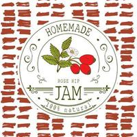 Jam label design template. for Rose hip dessert product with hand drawn sketched fruit and background. Doodle vector Rose hip illustration brand identity