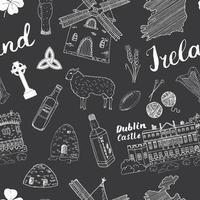 Irlanda bosquejo garabatos de patrones sin fisuras. elementos irlandeses con bandera y mapa de irlanda, cruz celta, castillo, trébol, arpa celta, molino y oveja, botellas de whisky y cerveza irlandesa, ilustración vectorial vector