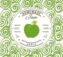 Jam label design template. for apple dessert product with hand drawn sketched fruit and background. Doodle vector apple illustration brand identity