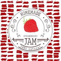 Jam label design template. for strawberry dessert product with hand drawn sketched fruit and background. Doodle vector strawberry illustration brand identity