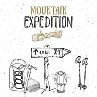 Mountain expedition vintage set. Hand drawn sketch elements for retro badge emblem, outdoor hiking adventure and mountains exploring label design, Extreme sports, vector illustration.