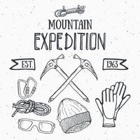 Mountain expedition vintage set. Hand drawn sketch elements for retro badge emblem, outdoor hiking adventure and mountains exploring label design, Extreme sports, vector illustration.