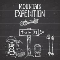 Mountain expedition vintage set. Hand drawn sketch elements for retro badge emblem, outdoor hiking adventure and mountains exploring label design, Extreme sports, vector illustration on chalkboard.