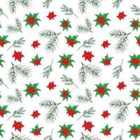 New Year and Christmas hand drawn plants, poinsettia flowers and pine branches seamless pattern background. Vector Illustration isolated on white.