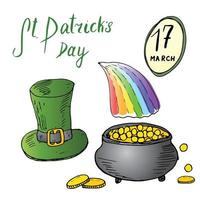 St Patricks Day hand drawn doodle set, with Irish traditional green leprechaun hat and a pot of gold coins at the end of rainbow, vector illustration isolated on white.