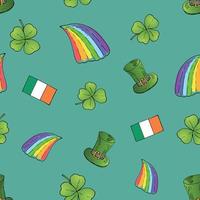 Día de San Patricio dibujado a mano doodle de patrones sin fisuras, con sombrero de duende, arco iris, trébol de cuatro hojas, bandera de Irlanda ilustración vectorial de fondo. vector