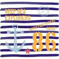 T-shirt typography design, deep sea explorers printing graphics, typographic vector illustration, Navy, diving water text, graphic design for label or t-shirt print, Badge, Applique