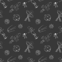 Space doodles icons seamless pattern. Hand drawn sketch with meteors, Sun and Moon, radar, astronaut and rocket. vector illustration on chalkboard