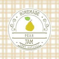 Jam label design template. for pear dessert product with hand drawn sketched fruit and background. Doodle vector pear illustration brand identity