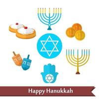 feliz hanukkah iconos vectoriales planos con juego de dreidel, monedas, mano de miriam, palma de david, estrella de david, menorá, comida tradicional, torá y otros artículos tradicionales vector