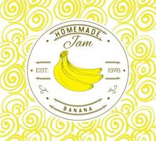 plantilla de diseño de etiqueta de mermelada. para postre de plátano con frutas y fondo esbozados a mano. Doodle vector banana ilustración identidad de marca