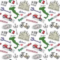 Milan Italy seamless pattern with Hand drawn sketch elements Duomo cathedral, flag, map, pizza, transport and traditional food. Drawing doodle vector illustration, isolated on white