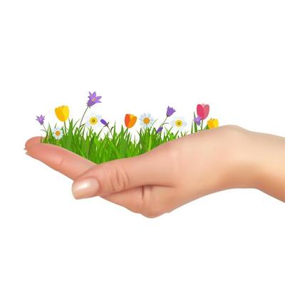 Grass and flowers in hand. Spring is coming background