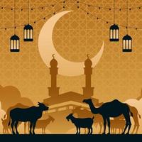 animales de pie frente a la kaaba. vector