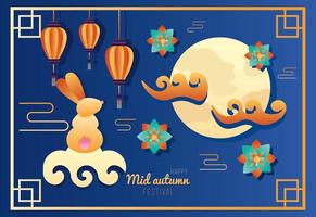 happy mid autumn festival lettering poster with rabbit and moon vector