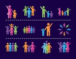 bundle of community and family figures in pink background degradient style icons vector