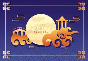 feliz cartel del festival del medio otoño con luna llena y escena de nubes vector