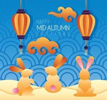 happy mid autumn festival lettering poster with rabbits and lanterns hanging vector