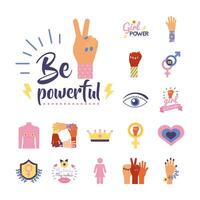 bundle of feminism flat style icons in purple background vector